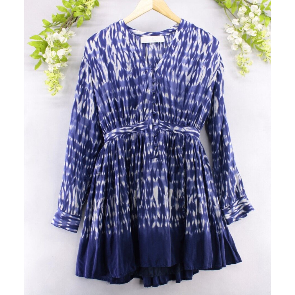 Thakoon Addition Blue Silk Gathered Waist Print Crepe Georgette Mini Dress Sz S